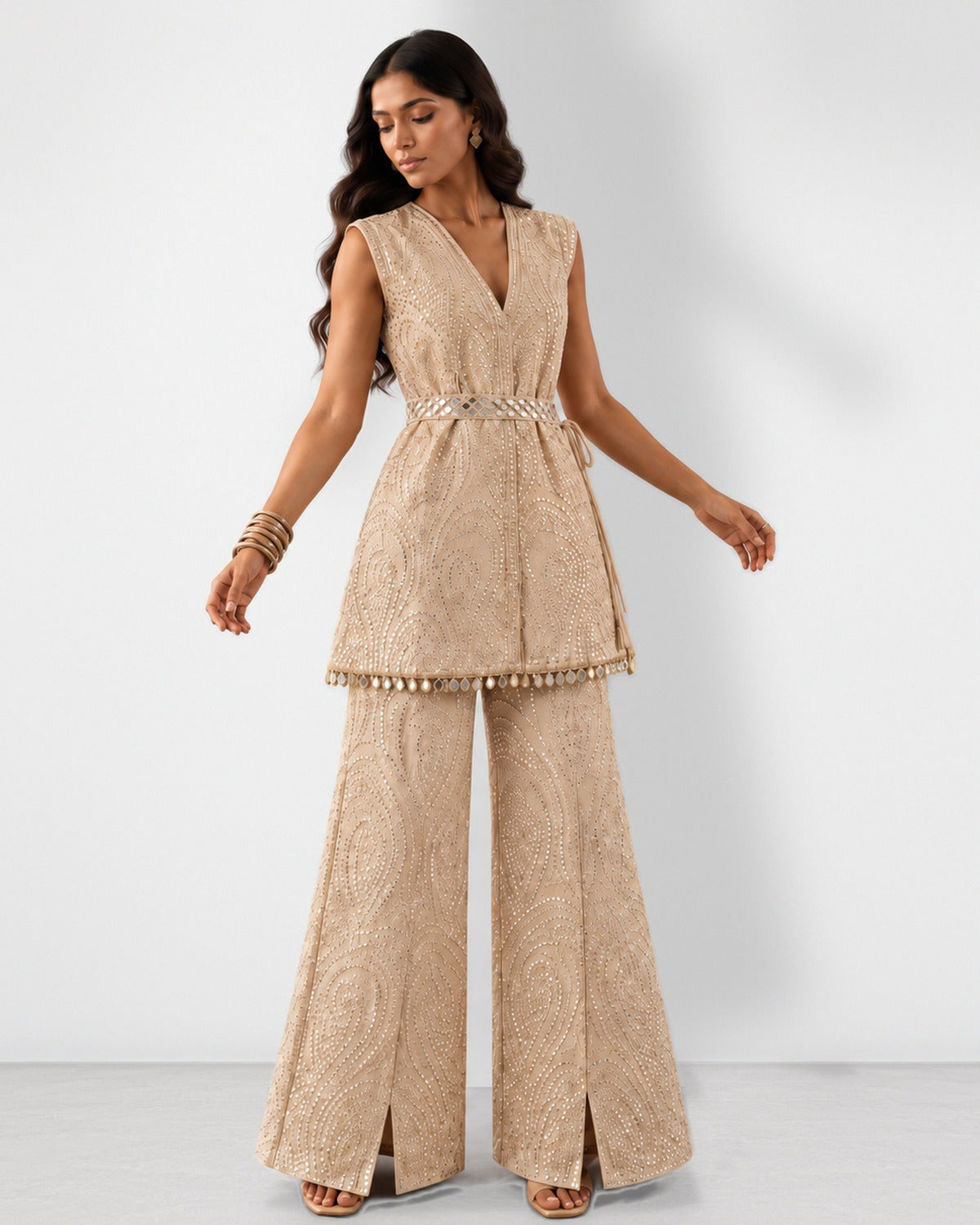 Ivory mirror work tunic and boot-cut pant set, Aina Karée