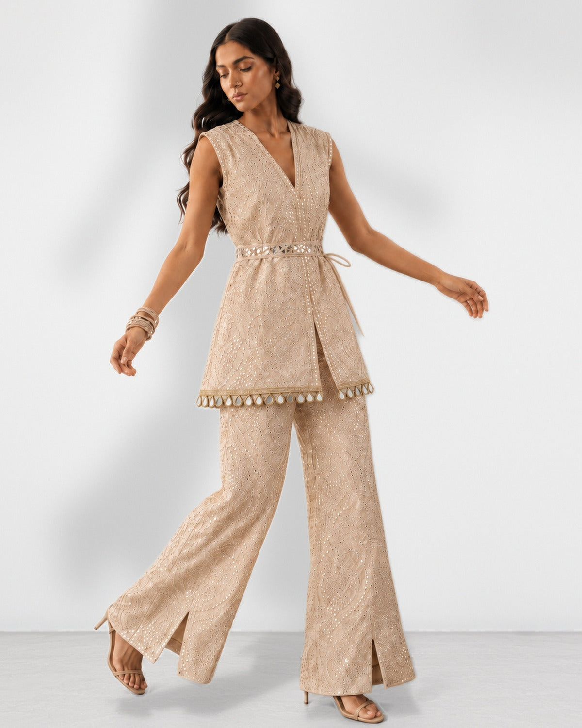 Ivory mirror work tunic and boot-cut pant set, Aina Karée – view 4