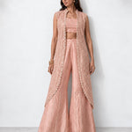 Blush pink mirror work cape set with bandeau and wide-leg pants, Aina Karée