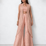 Blush pink mirror work cape set with bandeau and wide-leg pants, Aina Karée