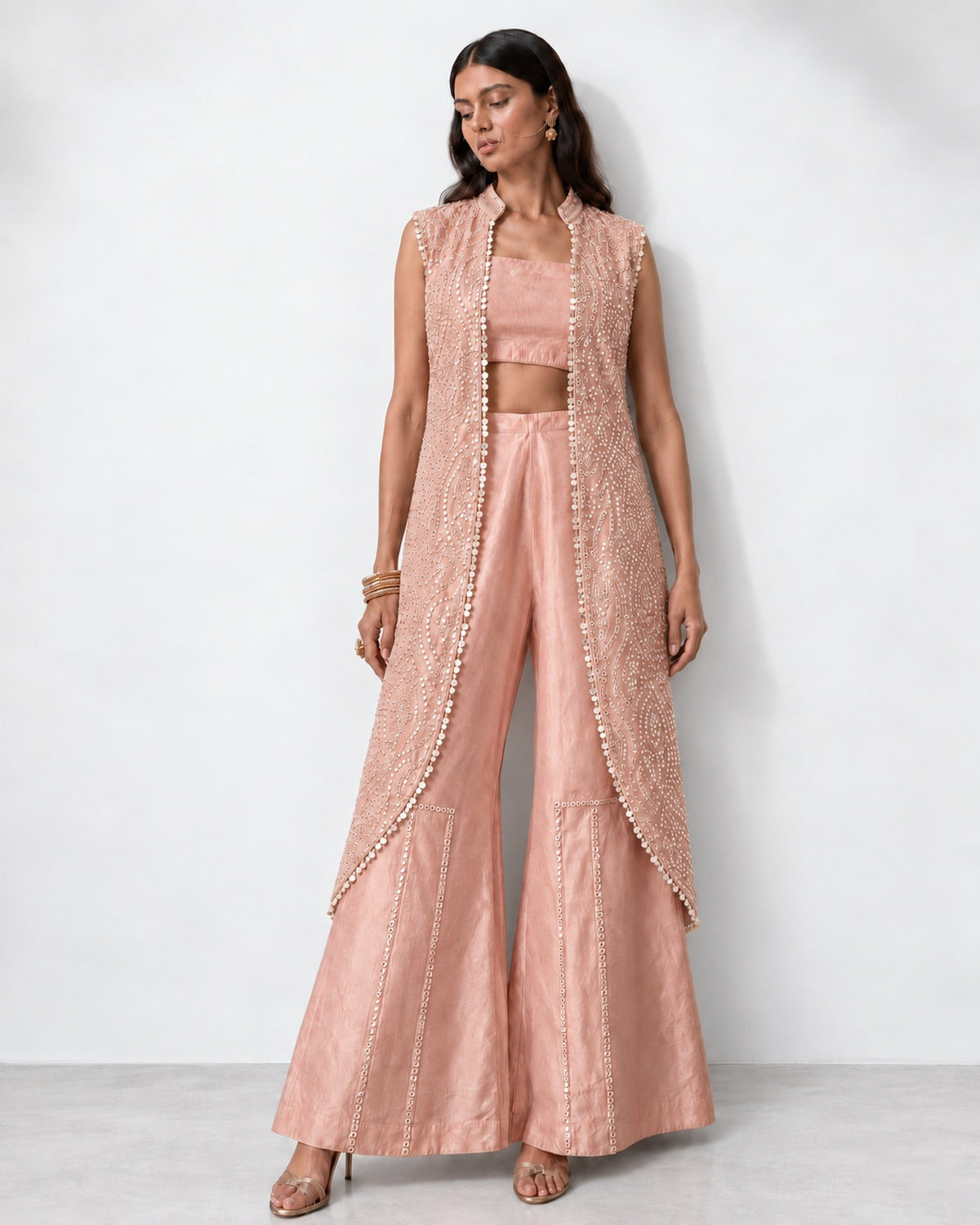 Blush pink mirror work cape set with bandeau and wide-leg pants, Aina Karée