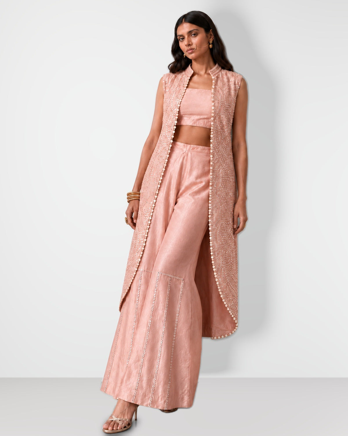 Blush pink mirror work cape set with bandeau and wide-leg pants, Aina Karée – view 2