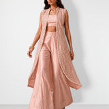 Blush pink mirror work cape set with bandeau and wide-leg pants, Aina Karée – view 4
