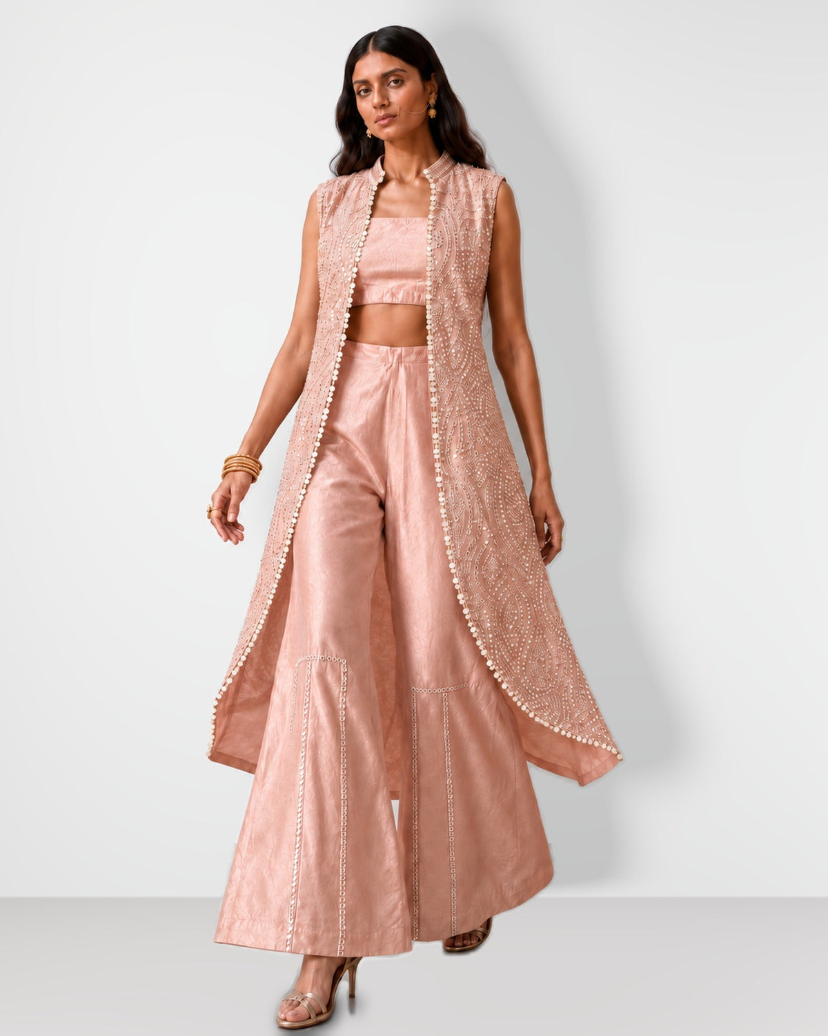 Blush pink mirror work cape set with bandeau and wide-leg pants, Aina Karée – view 4