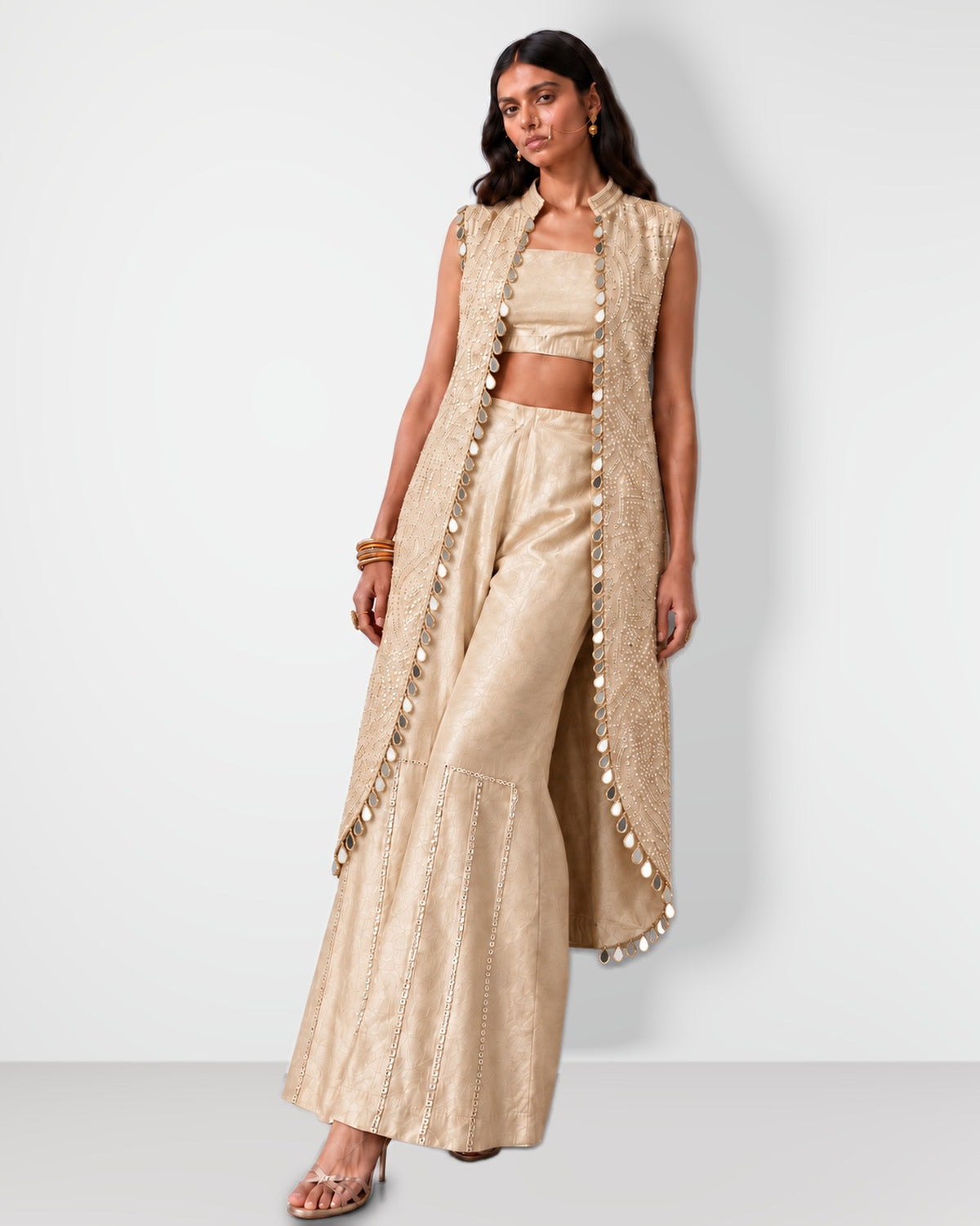 Ivory mirror work cape set with bandeau and wide-leg pants, Aina Karée