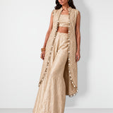 Ivory mirror work cape set with bandeau and wide-leg pants, Aina Karée