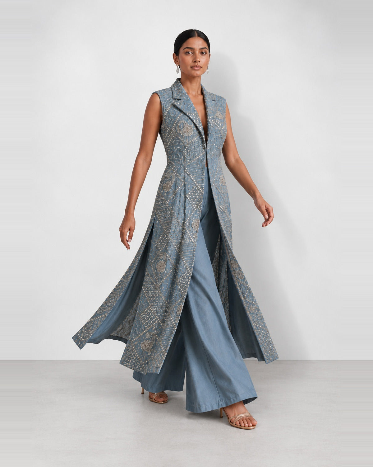 Dusty blue mirror work long jacket and palazzo set, Aina Karée