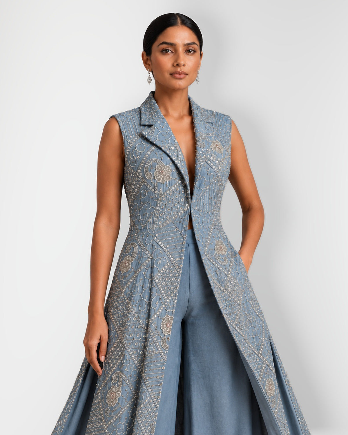 Dusty blue mirror work long jacket and palazzo set, Aina Karée – view 2