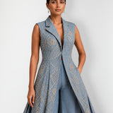 Dusty blue mirror work long jacket and palazzo set, Aina Karée – view 2
