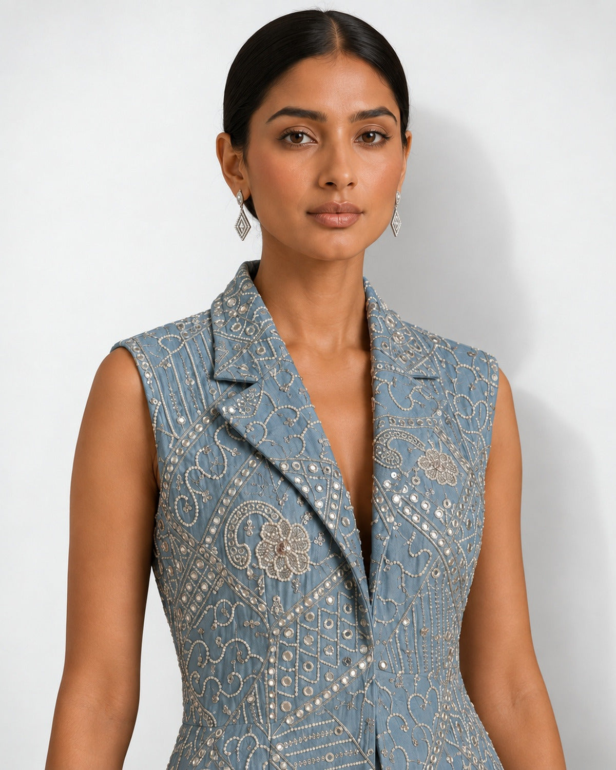 Dusty blue mirror work long jacket and palazzo set, Aina Karée – view 3
