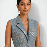 Dusty blue mirror work long jacket and palazzo set, Aina Karée – view 3