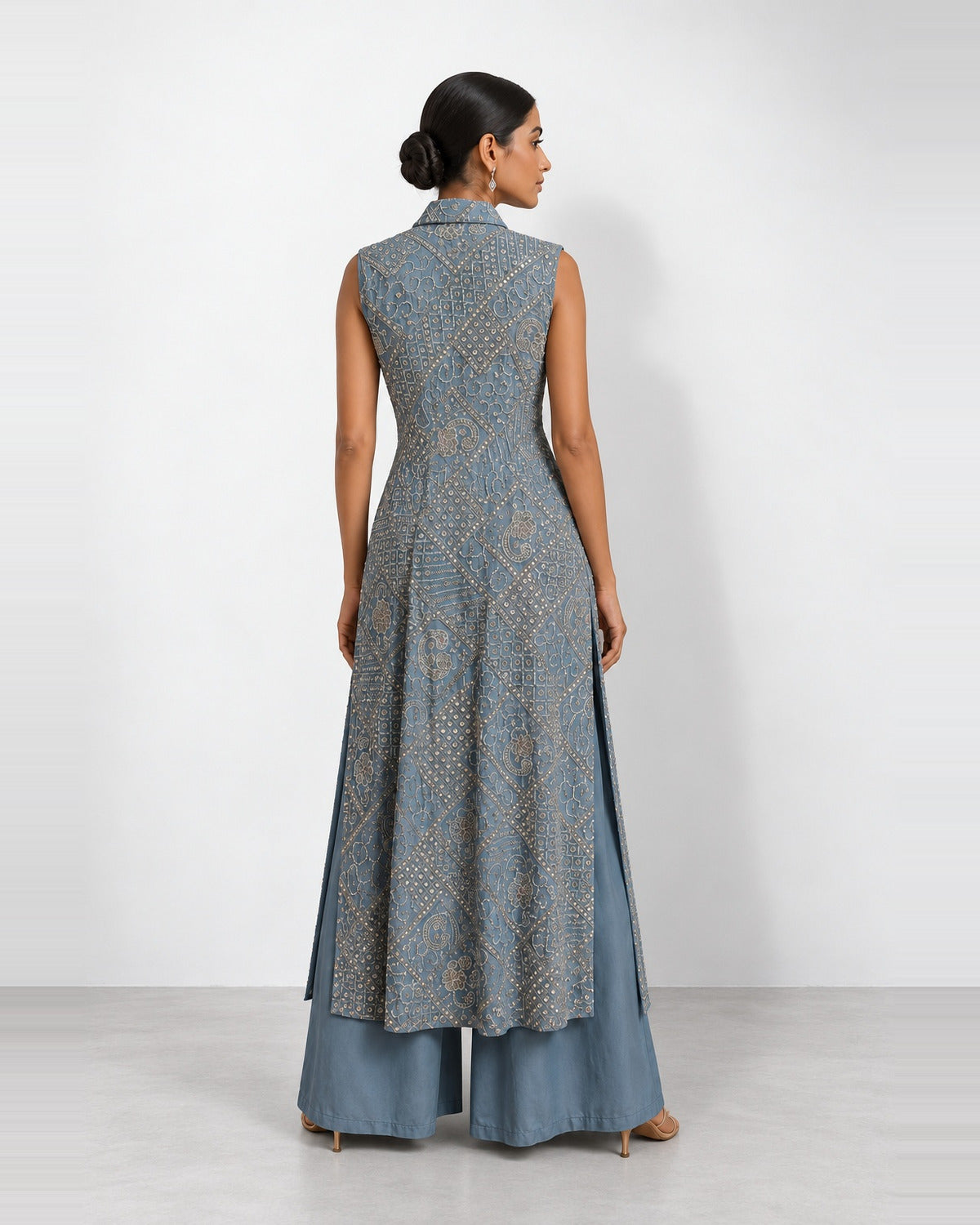 Dusty blue mirror work long jacket and palazzo set, Aina Karée – view 4