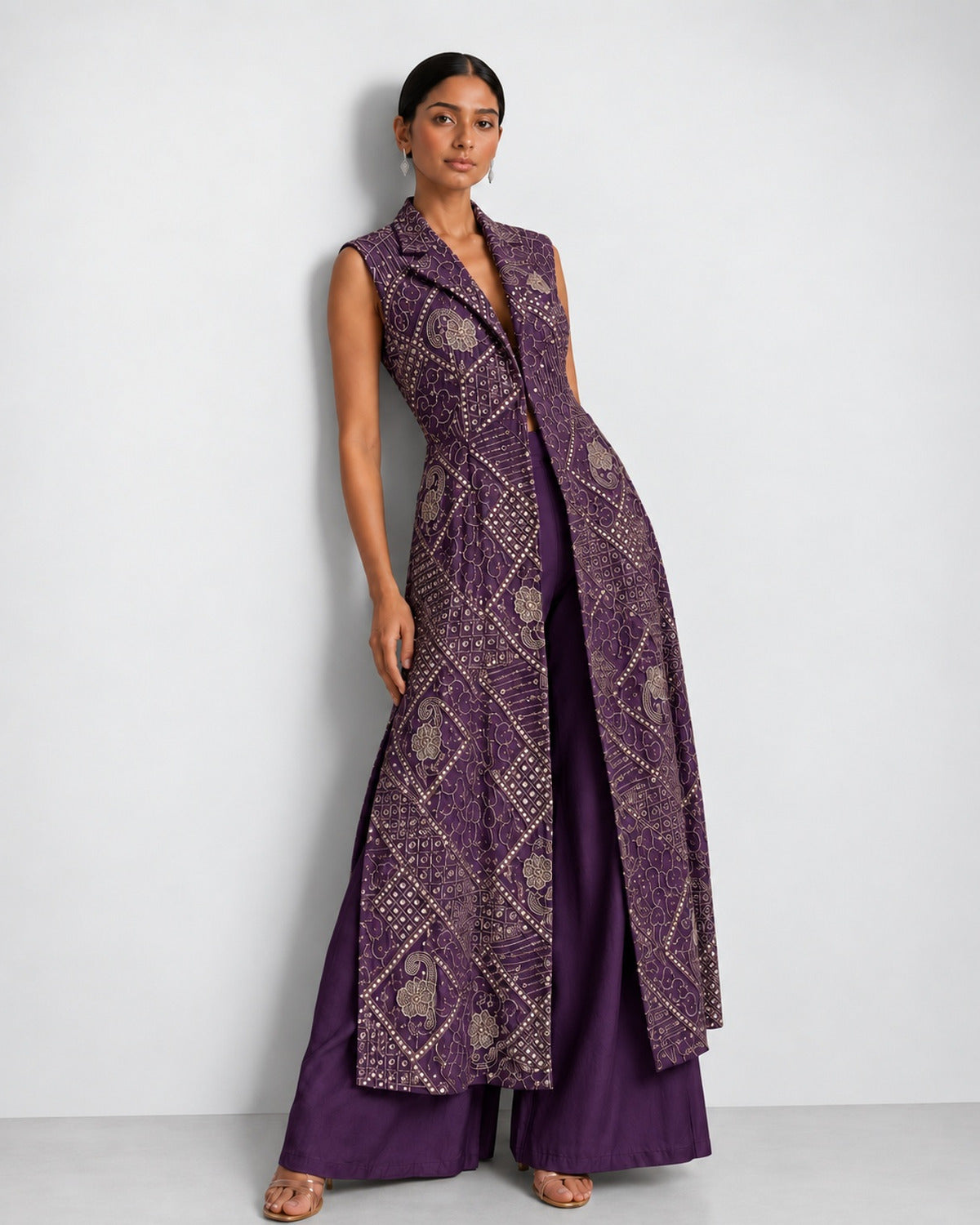 Deep aubergine mirror work long jacket and palazzo set, Aina Karée