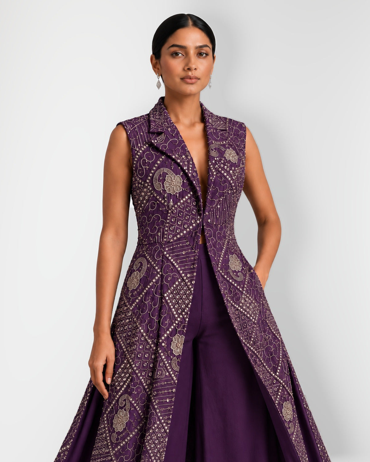 Deep aubergine mirror work long jacket and palazzo set, Aina Karée – view 2