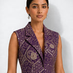 Deep aubergine mirror work long jacket and palazzo set, Aina Karée – view 3