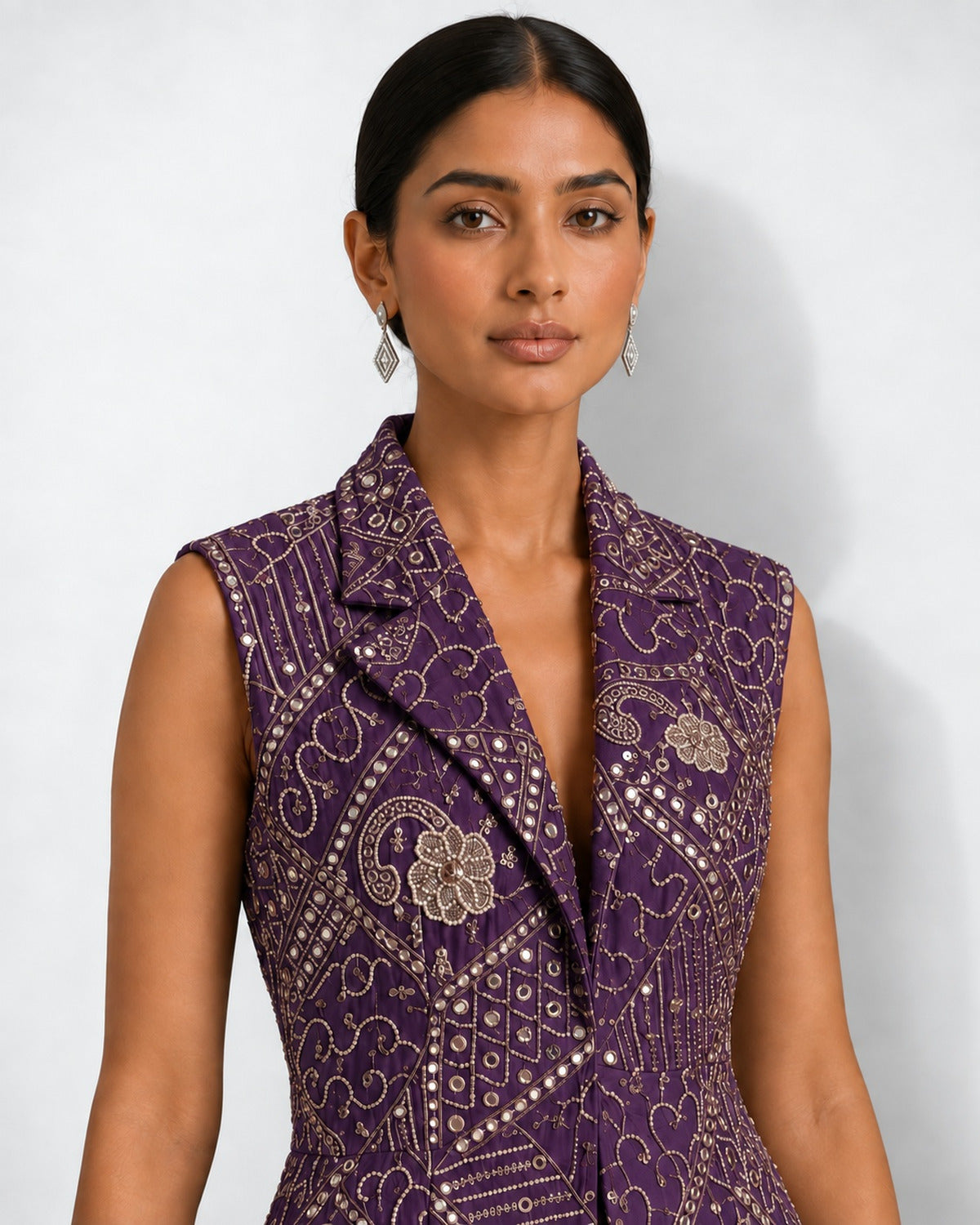 Deep aubergine mirror work long jacket and palazzo set, Aina Karée – view 3