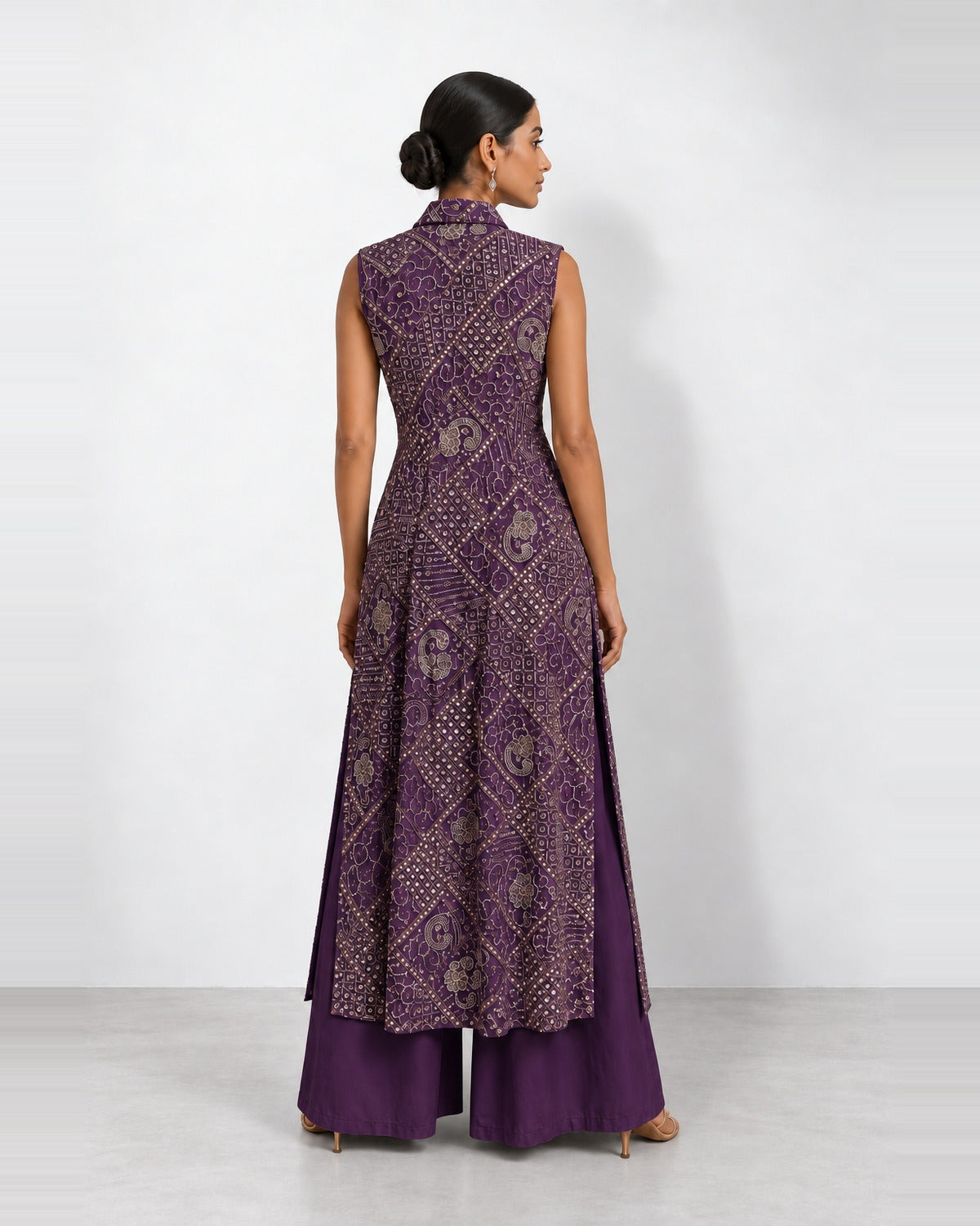 Deep aubergine mirror work long jacket and palazzo set, Aina Karée – view 4