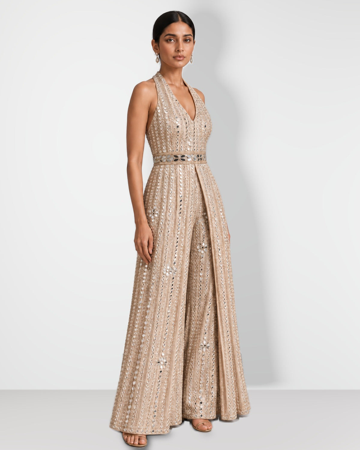 Champagne halterneck mirror work long top and bootcut pant set, Aina Karée