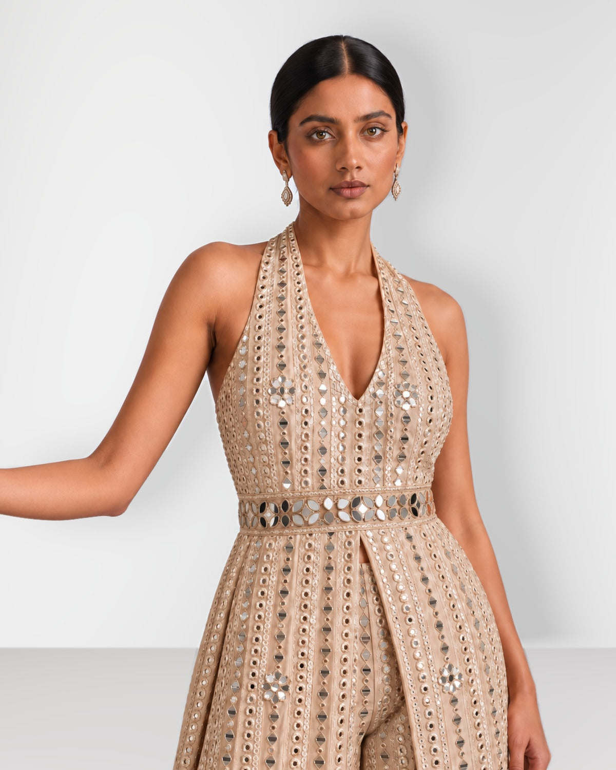 Champagne halterneck mirror work long top and bootcut pant set, Aina Karée – view 2