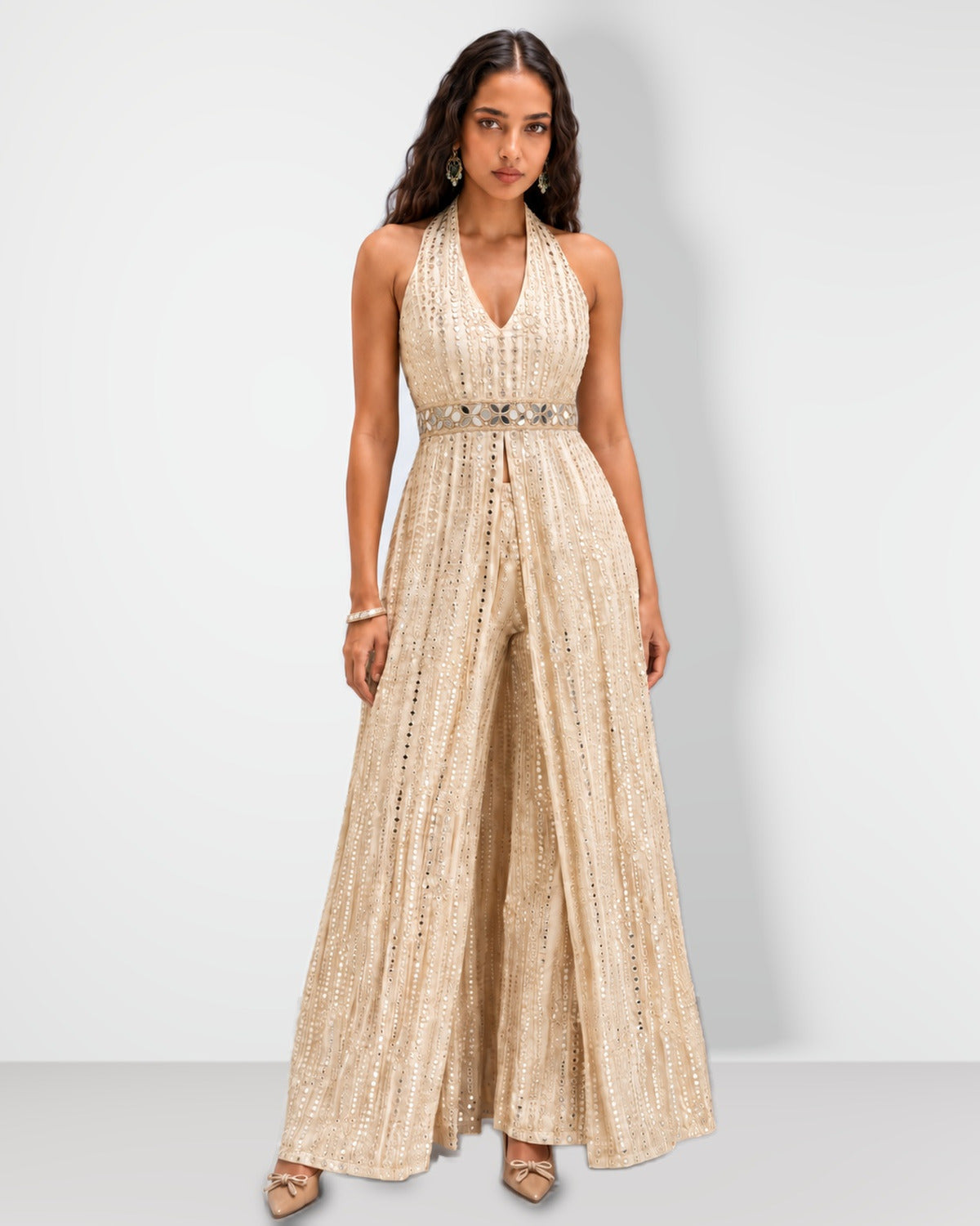 Ivory halterneck mirror work long top and bootcut pant set, Aina Karée