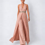 Rose pink halterneck mirror work long top and bootcut pant set, Aina Karée