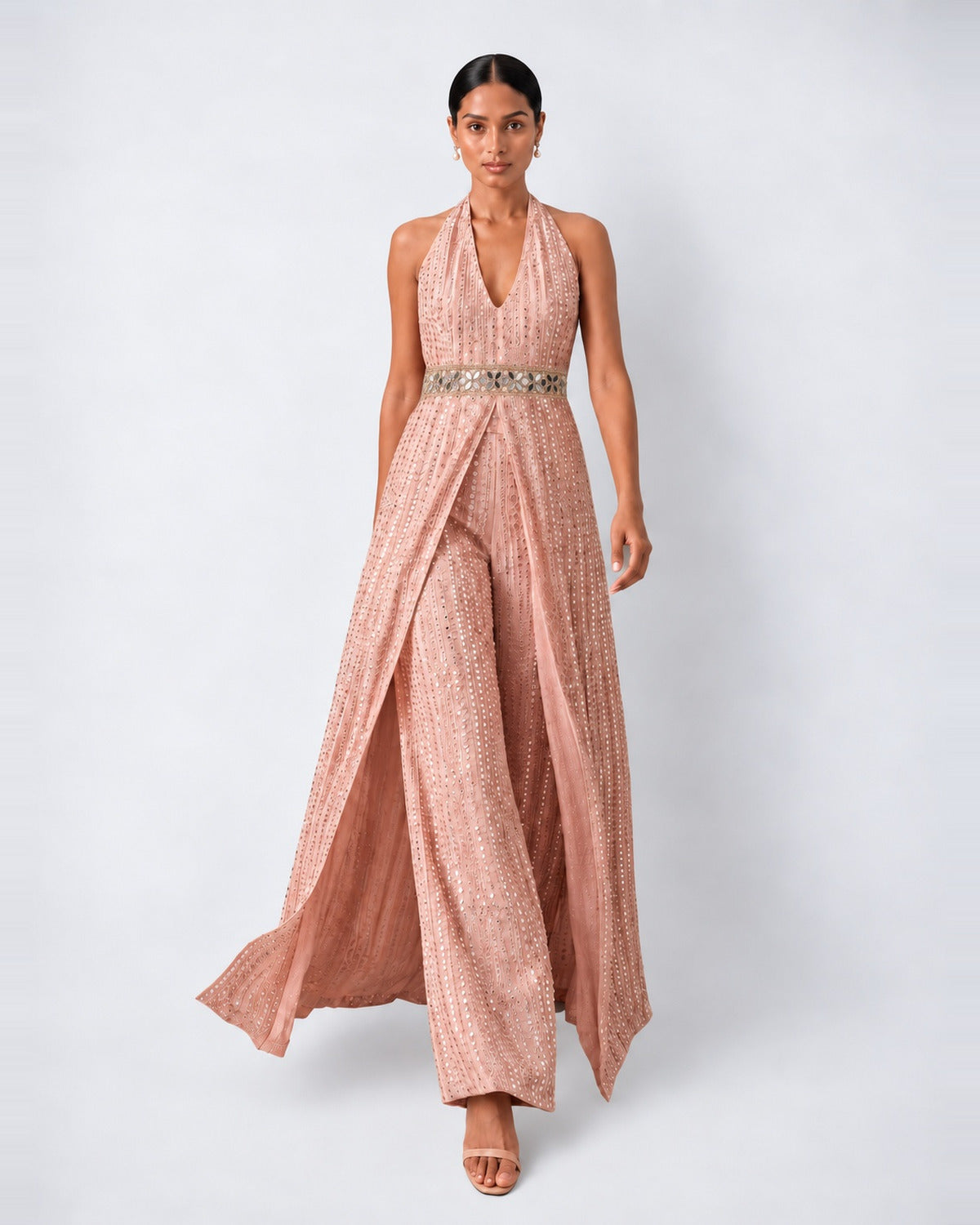 Rose pink halterneck mirror work long top and bootcut pant set, Aina Karée
