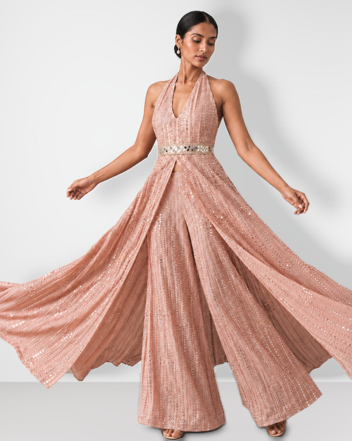 Rose pink halterneck mirror work long top and bootcut pant set, Aina Karée – view 3