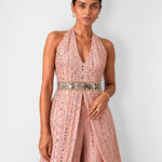 Rose pink halterneck mirror work long top and bootcut pant set, Aina Karée – view 4