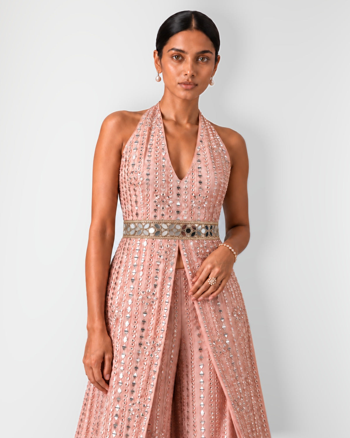 Rose pink halterneck mirror work long top and bootcut pant set, Aina Karée – view 4