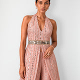 Rose pink halterneck mirror work long top and bootcut pant set, Aina Karée – view 4