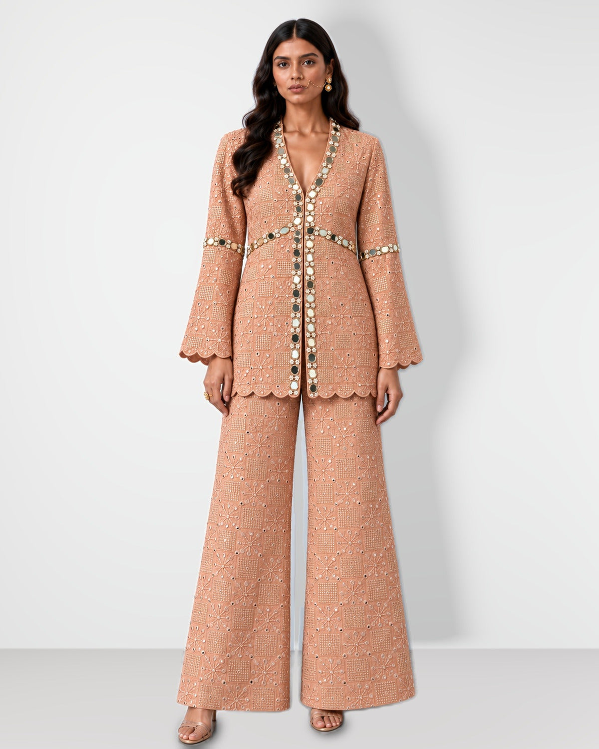 Nude scalloped mirror work tunic and wide-leg pant set, Aina Karée