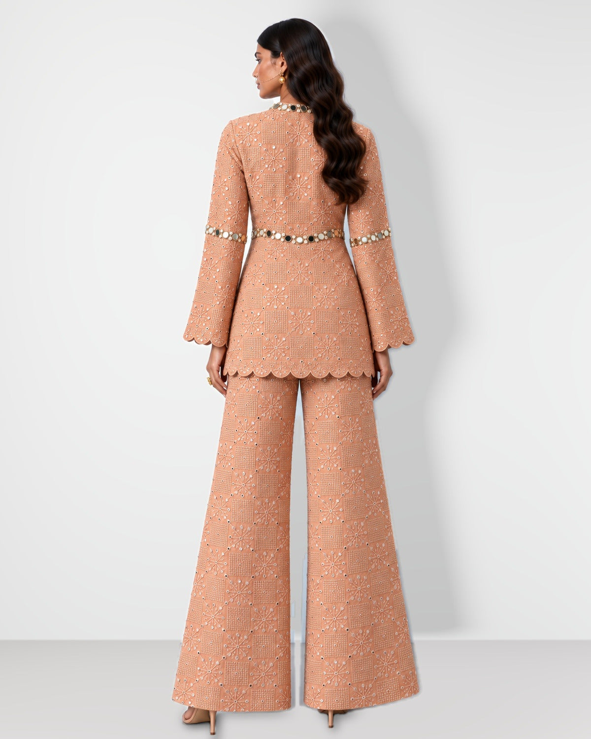 Nude scalloped mirror work tunic and wide-leg pant set, Aina Karée – view 2