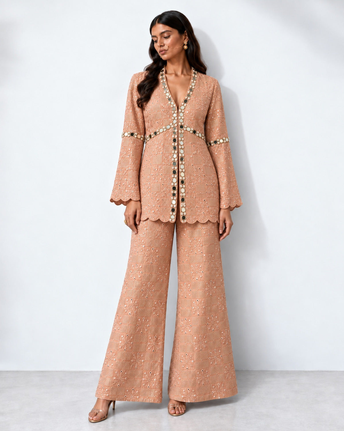 Nude scalloped mirror work tunic and wide-leg pant set, Aina Karée – view 3