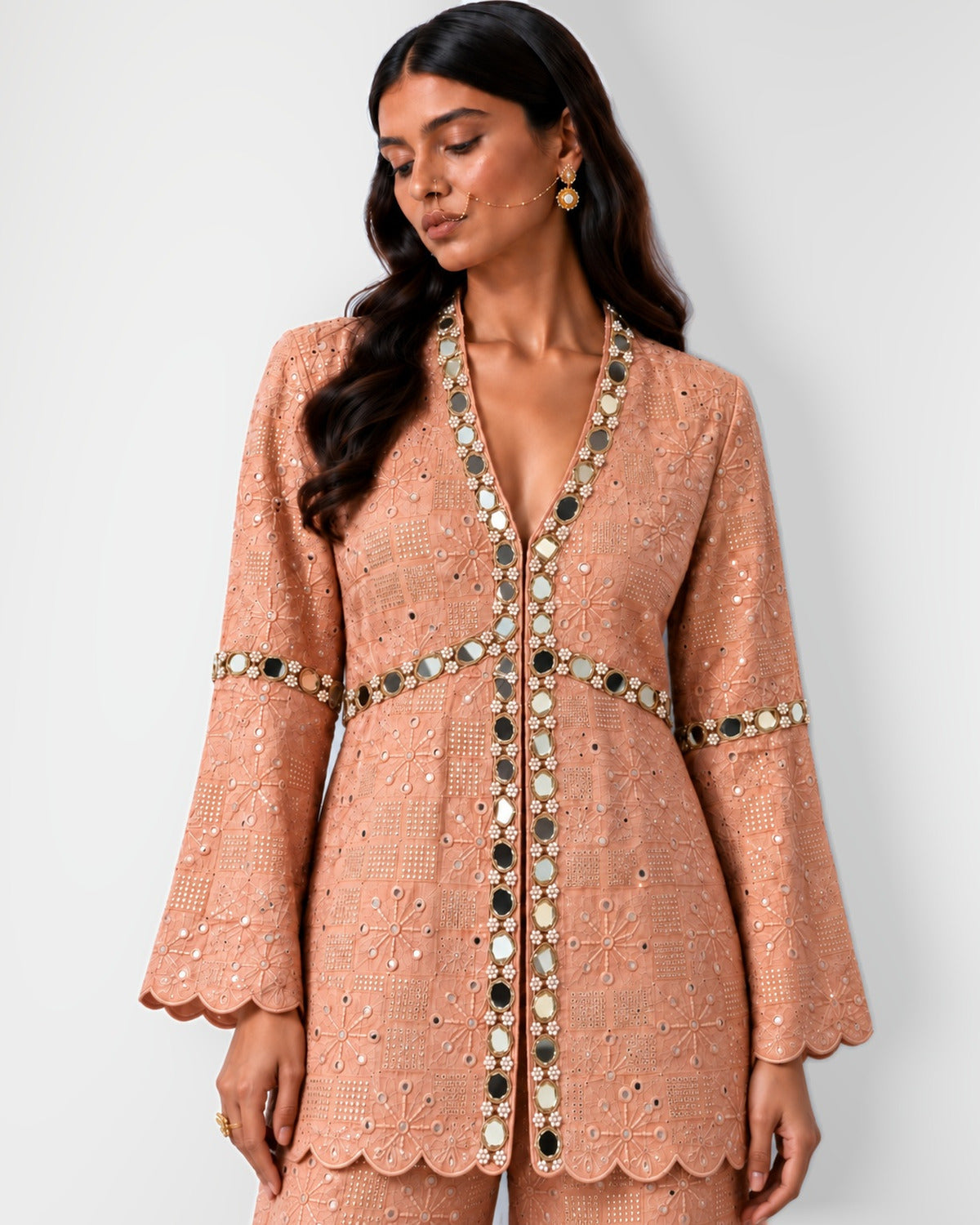 Nude scalloped mirror work tunic and wide-leg pant set, Aina Karée – view 4