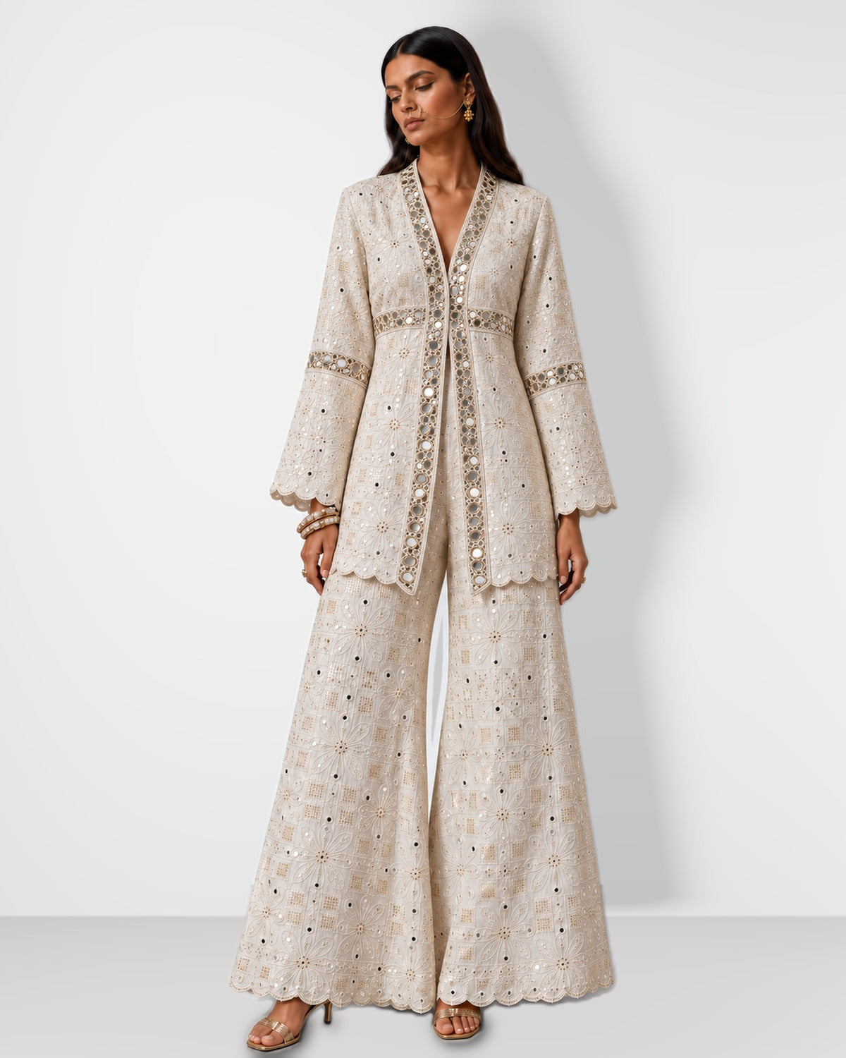 Ivory scalloped mirror work tunic and wide-leg pant set, Aina Karée