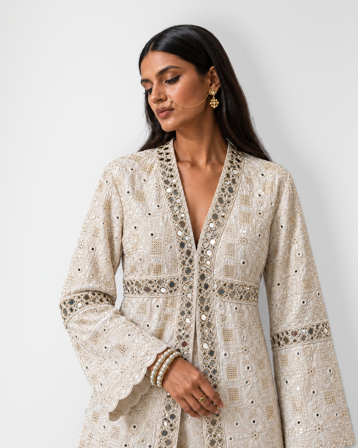 Ivory scalloped mirror work tunic and wide-leg pant set, Aina Karée – view 2