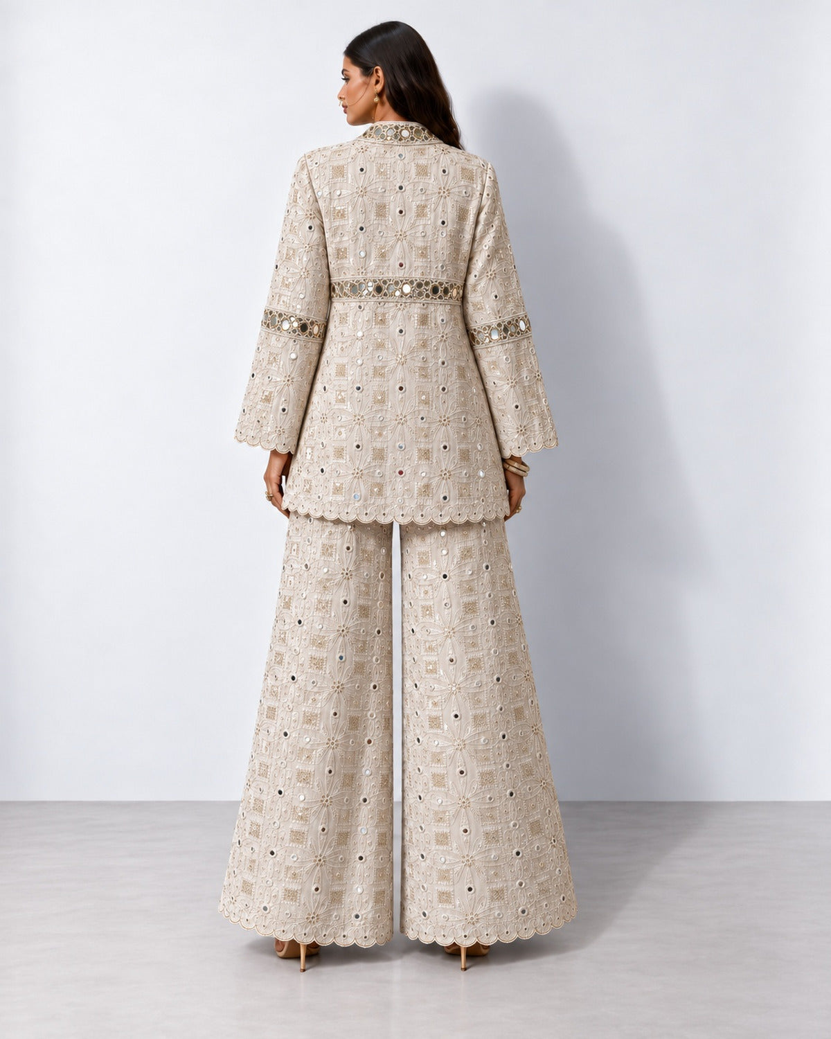 Ivory scalloped mirror work tunic and wide-leg pant set, Aina Karée – view 3
