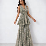 Mint green mirror work peplum top and gharara set, Aina Karée