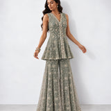 Mint green mirror work peplum top and gharara set, Aina Karée