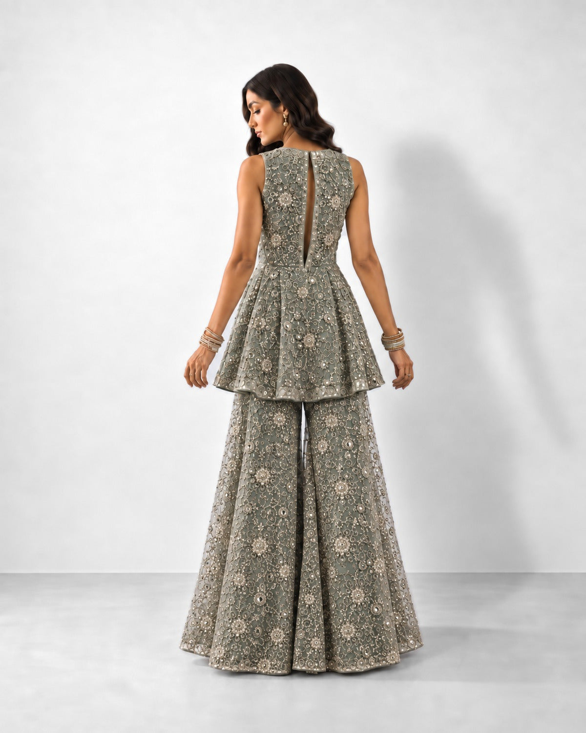 Mint green mirror work peplum top and gharara set, Aina Karée – view 2