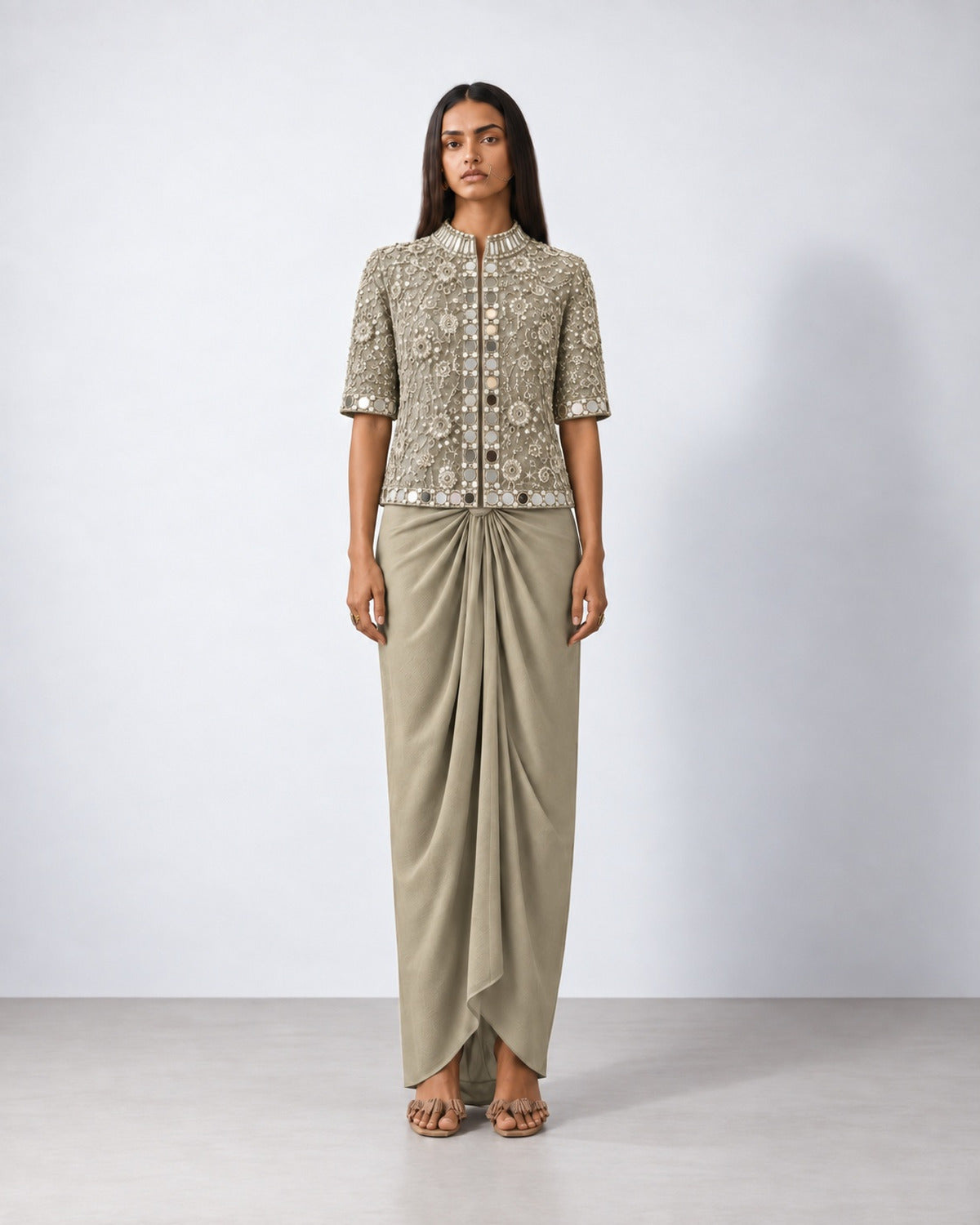 Olive grey mirror work short jacket and draped skirt set, Aina Karée