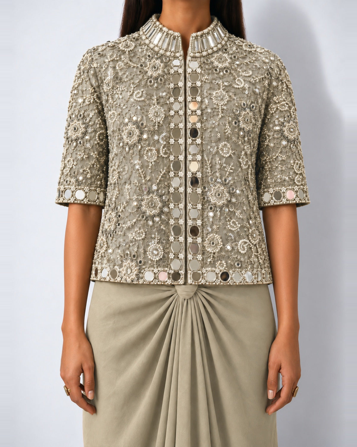 Olive grey mirror work short jacket and draped skirt set, Aina Karée – view 2