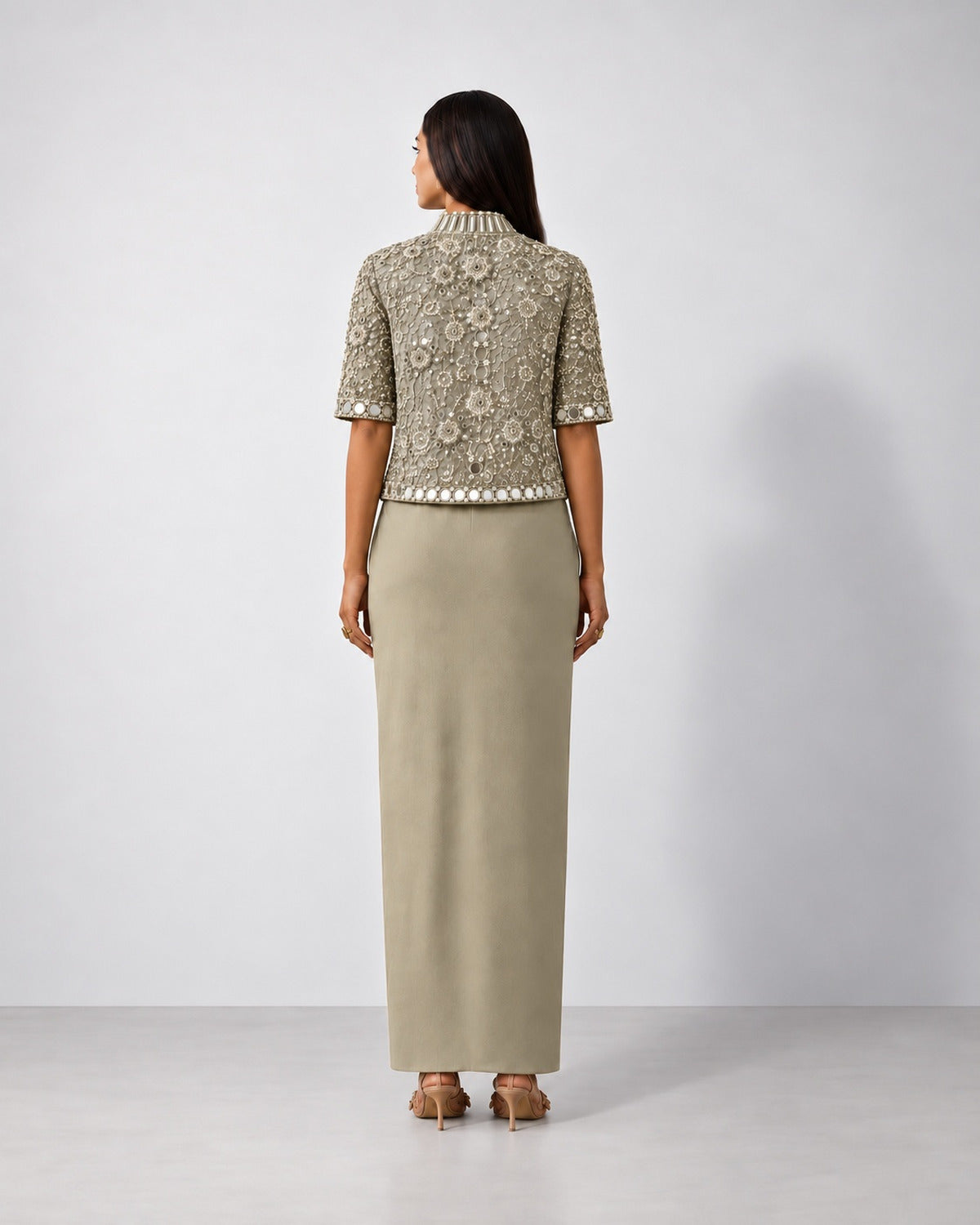 Olive grey mirror work short jacket and draped skirt set, Aina Karée – view 3