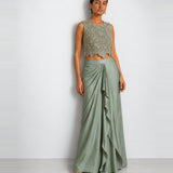 Mint green mirror work crop top and draped skirt set, Aina Karée