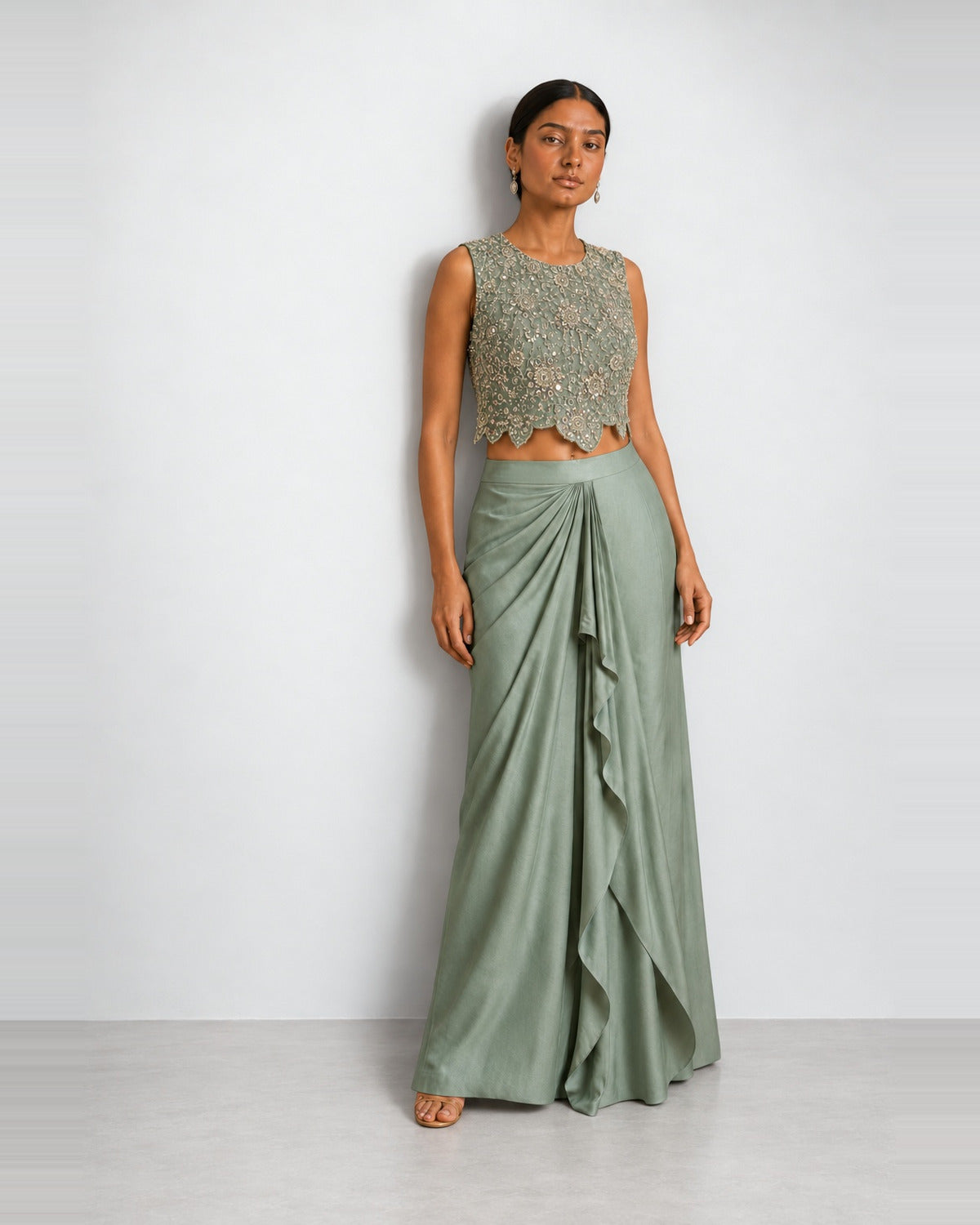 Mint green mirror work crop top and draped skirt set, Aina Karée