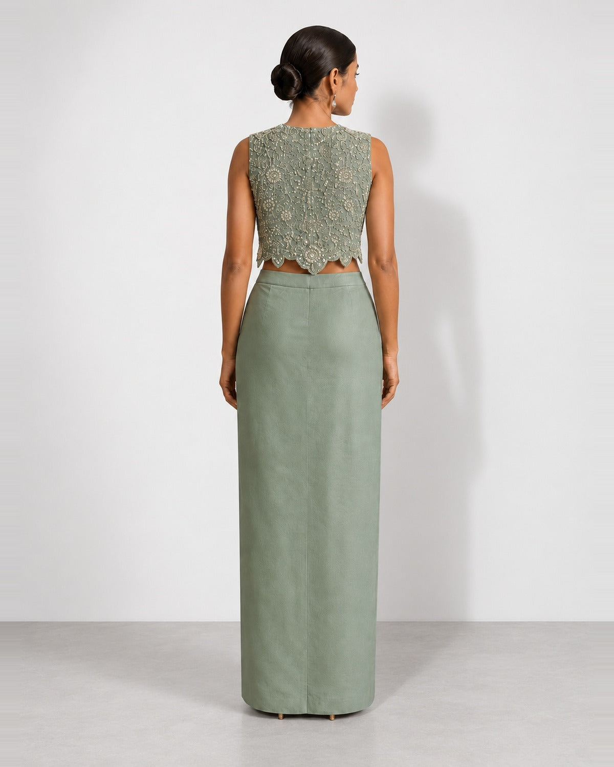 Mint green mirror work crop top and draped skirt set, Aina Karée – view 2