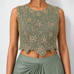 Mint green mirror work crop top and draped skirt set, Aina Karée – view 3