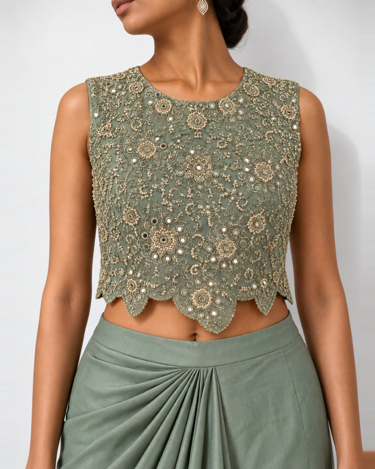 Mint green mirror work crop top and draped skirt set, Aina Karée – view 3