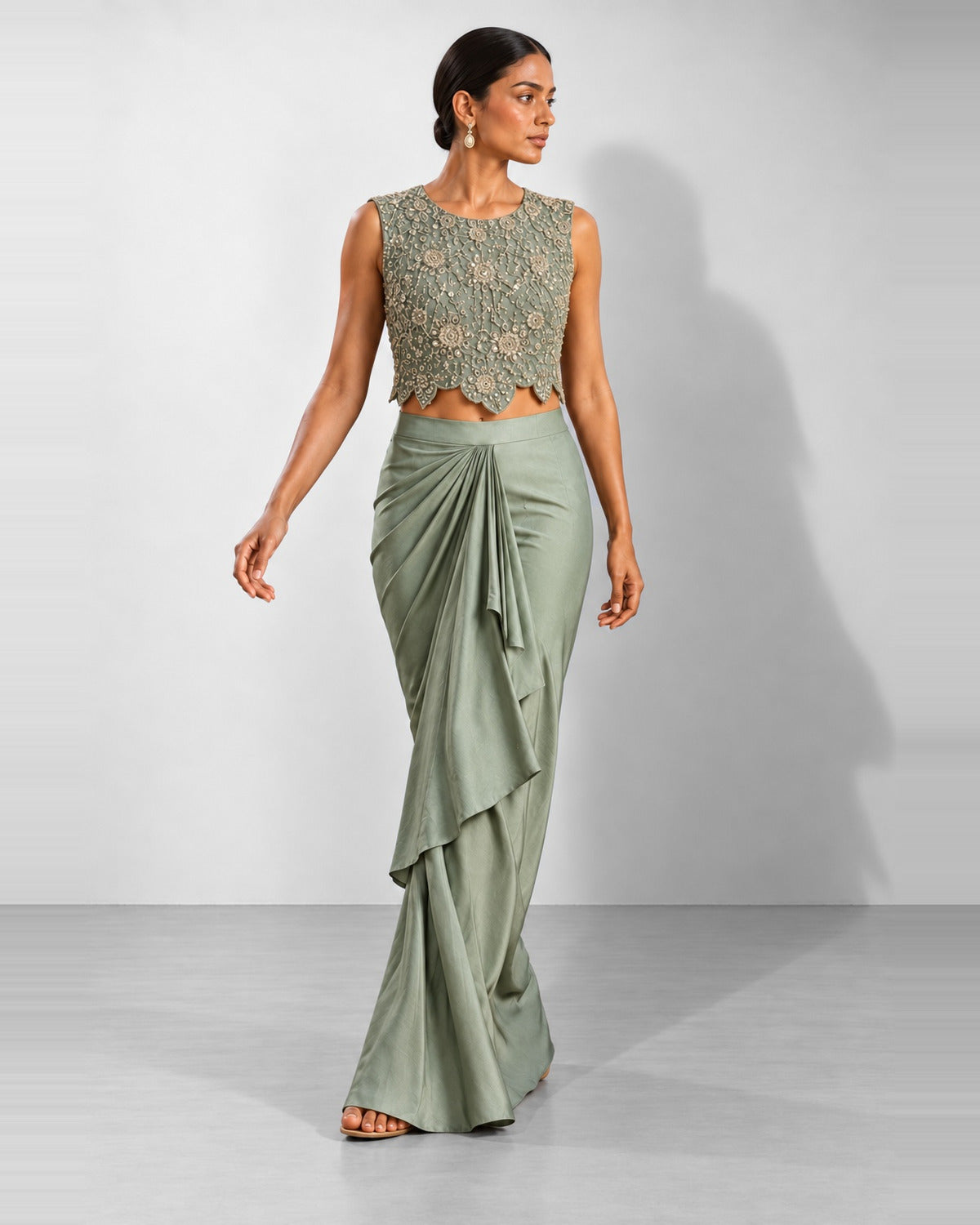 Mint green mirror work crop top and draped skirt set, Aina Karée – view 4