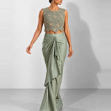 Mint green mirror work crop top and draped skirt set, Aina Karée – view 4
